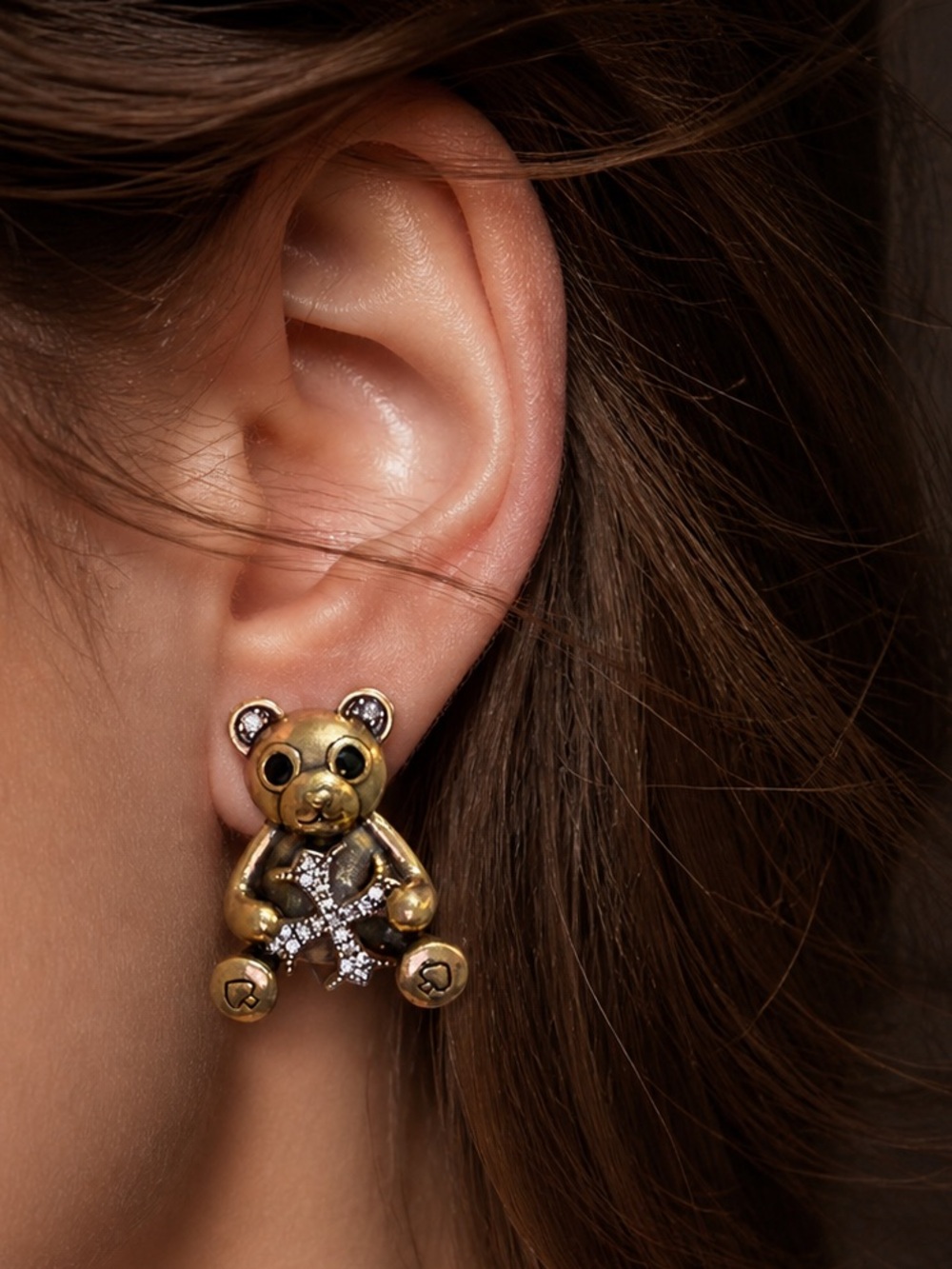 Vintage Teddy Bear Zircon Stud Earrings | Retro Gold Bear Earrings